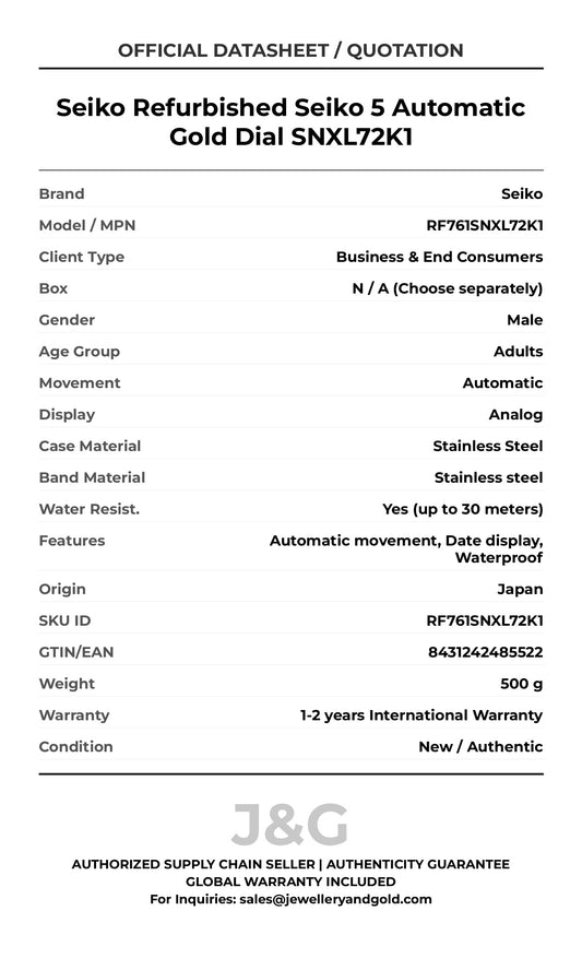 Seiko Refurbished Seiko 5 Automatic Gold Dial SNXL72K1. A brand-new Seiko watch featuring a Stainless steel strap. Front view. - MAIN_PH