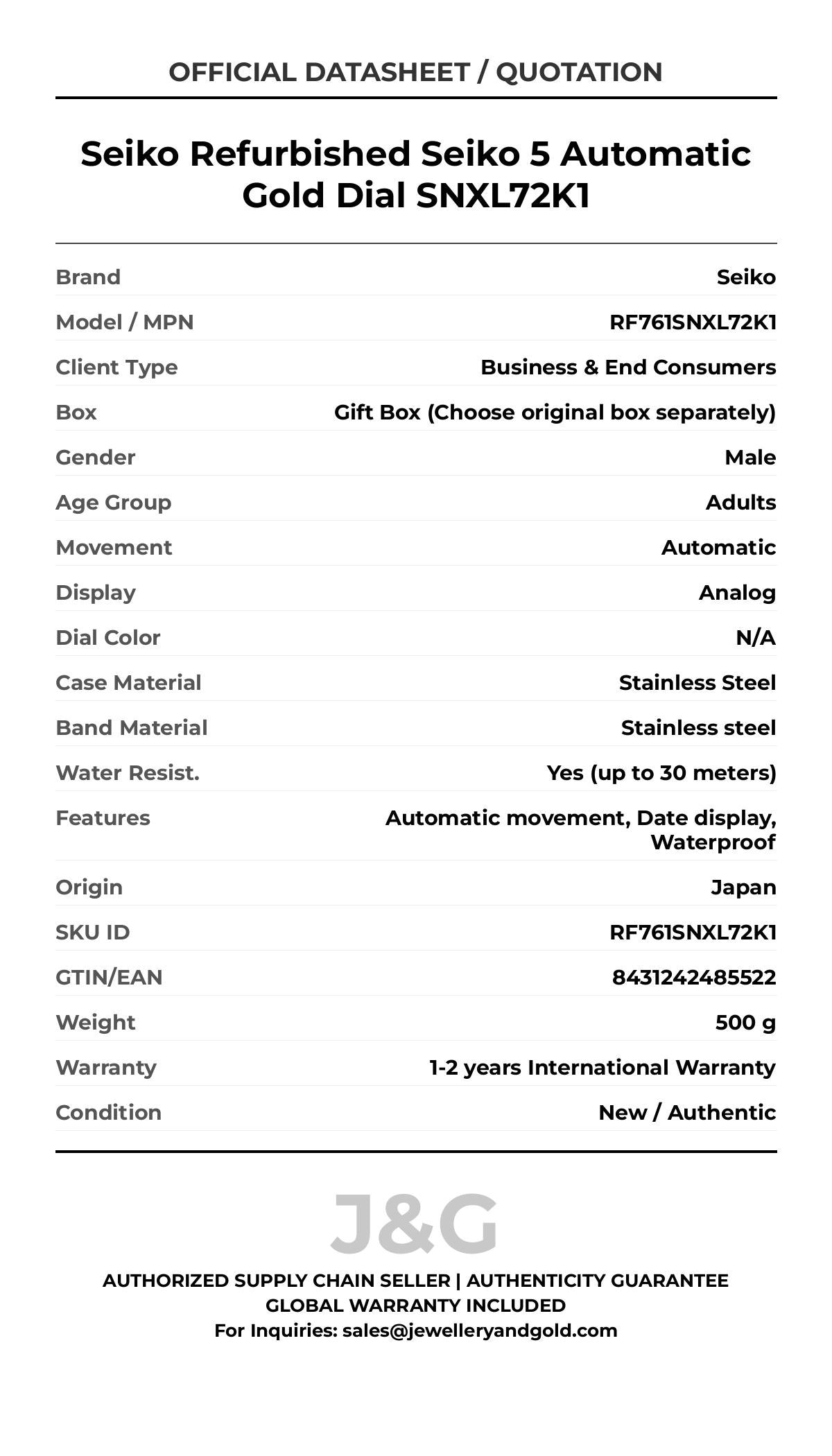 Seiko Refurbished Seiko 5 Automatic Gold Dial SNXL72K1. A brand-new Seiko watch featuring a N/A dial and a Stainless steel strap. Front view. - MAIN_PH