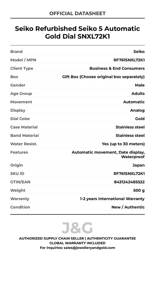 Seiko Refurbished Seiko 5 Automatic Gold Dial SNXL72K1. A brand-new Seiko watch featuring a Gold dial and a Stainless steel strap. Side view. - MAIN_PH