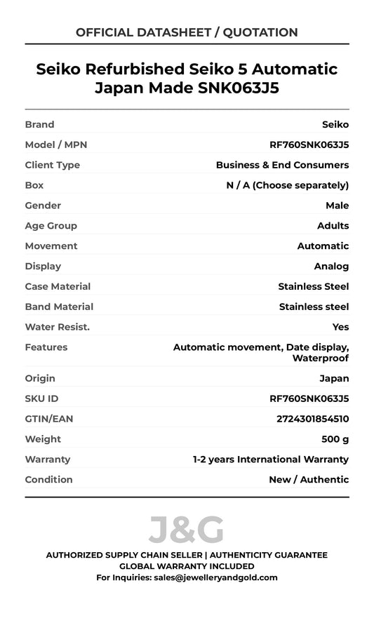 Seiko Refurbished Seiko 5 Automatic Japan Made SNK063J5. A brand-new Seiko watch featuring a Stainless steel strap. Side view. - MAIN_PH