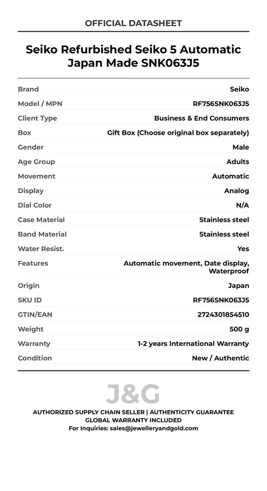 Seiko Refurbished Seiko 5 Automatic Japan Made SNK063J5. A brand-new Seiko watch featuring a N/A dial and a Stainless steel strap. Front view. - MAIN_PH