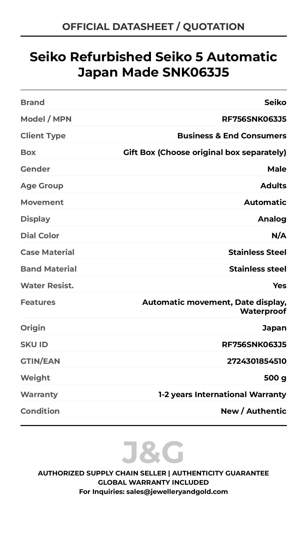 Seiko Refurbished Seiko 5 Automatic Japan Made SNK063J5. A brand-new Seiko watch featuring a N/A dial and a Stainless steel strap. Front view. - MAIN_PH