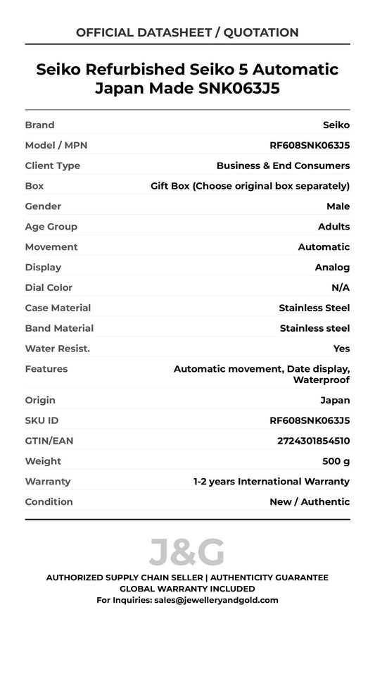 Seiko Refurbished Seiko 5 Automatic Japan Made SNK063J5. A brand-new Seiko watch featuring a N/A dial and a Stainless steel strap. Front view. - MAIN_PH