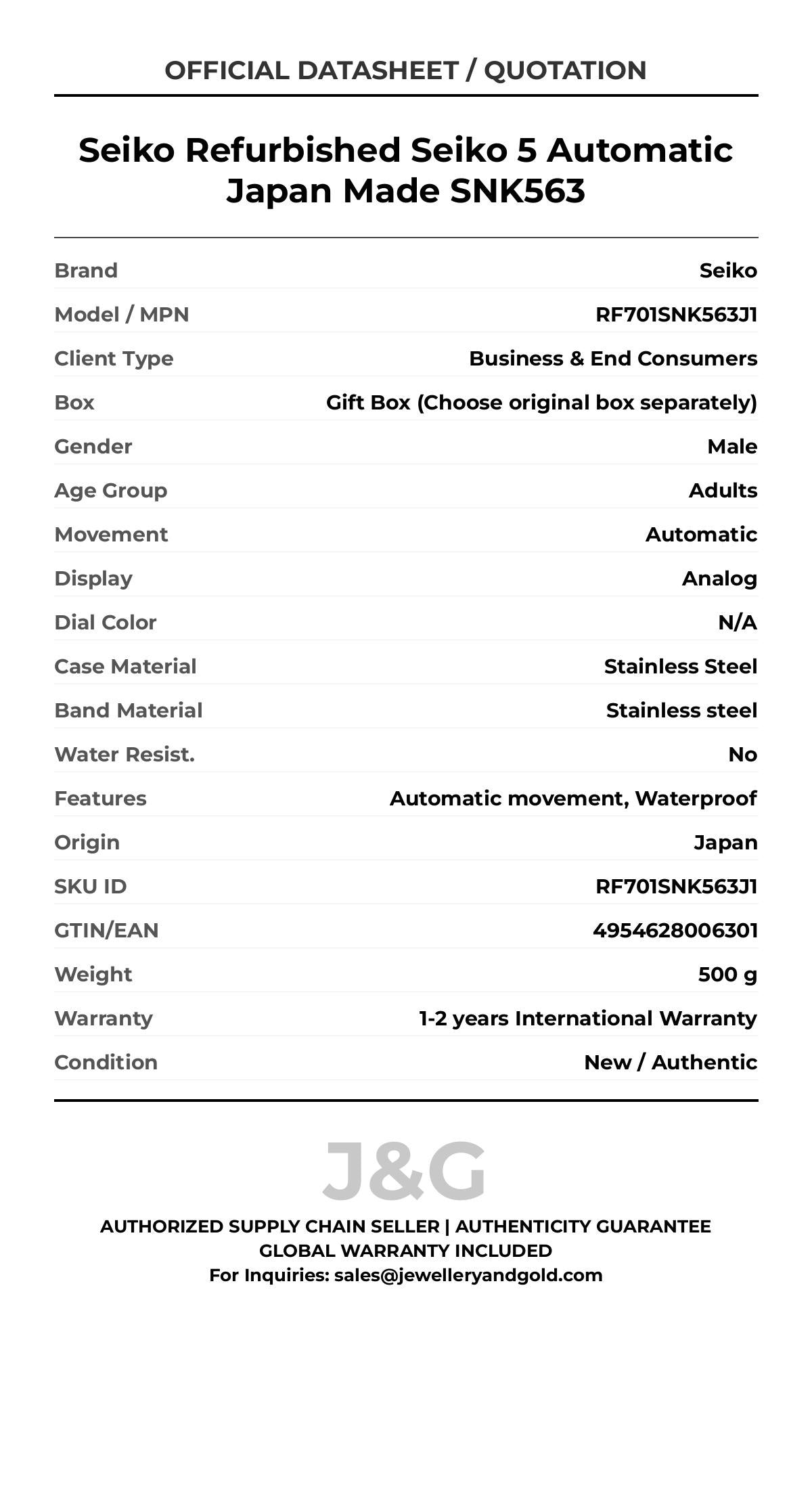 Seiko Refurbished Seiko 5 Automatic Japan Made SNK563. A brand-new Seiko watch featuring a N/A dial and a Stainless steel strap. Side view. - MAIN_PH