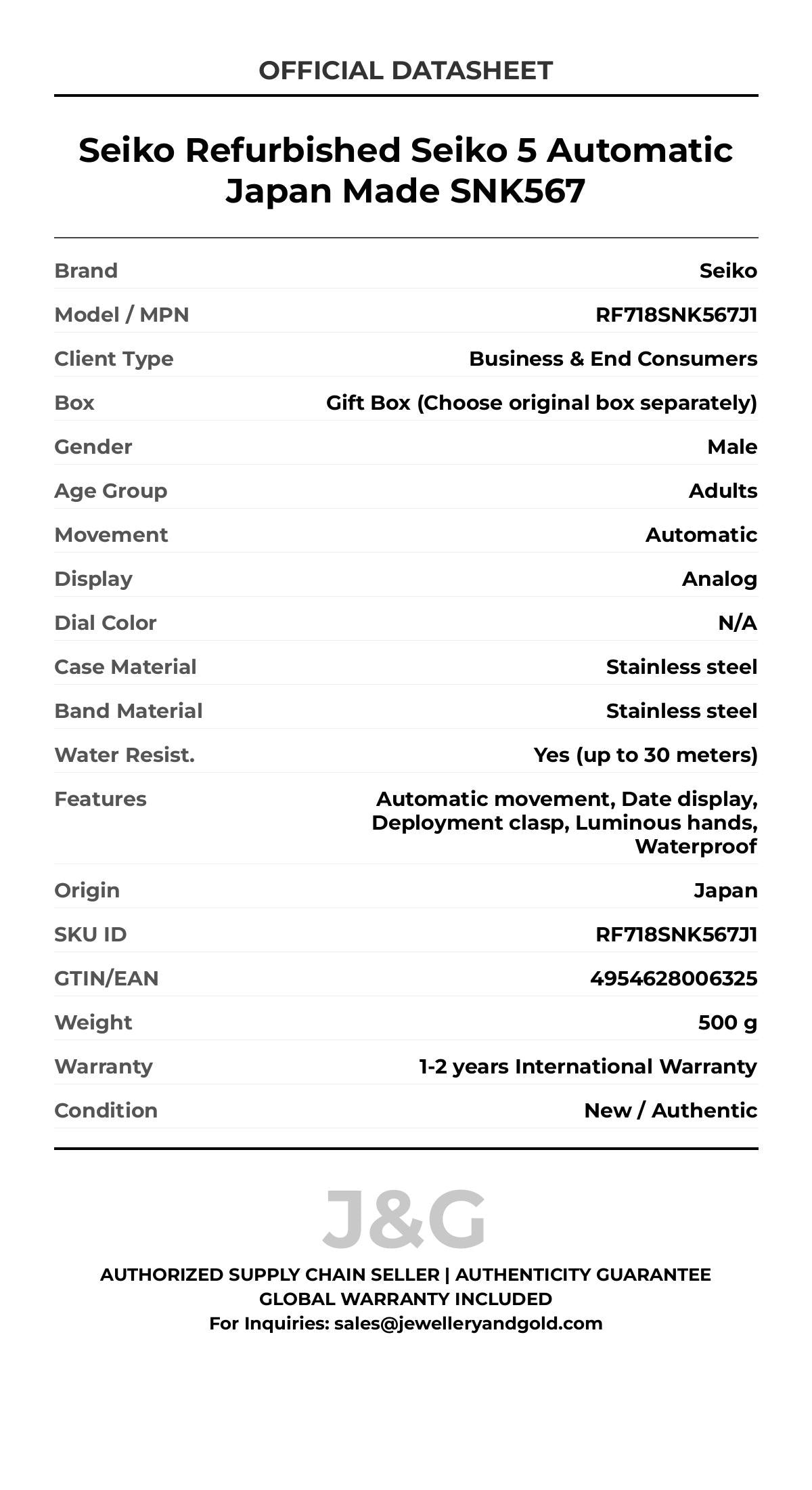 Seiko Refurbished Seiko 5 Automatic Japan Made SNK567. A brand-new Seiko watch featuring a N/A dial and a Stainless steel strap. Angled view. - MAIN_PH