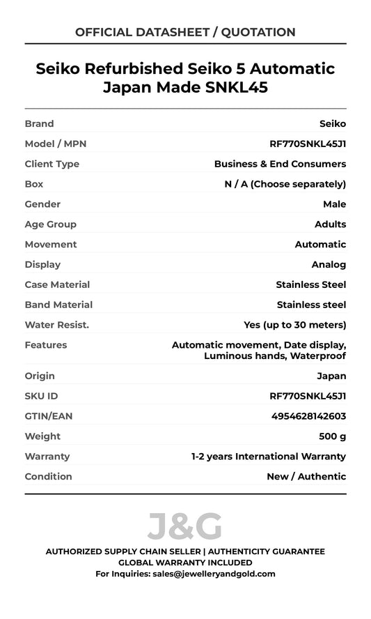 Seiko Refurbished Seiko 5 Automatic Japan Made SNKL45. A brand-new Seiko watch featuring a Stainless steel strap. Front view. - MAIN_PH