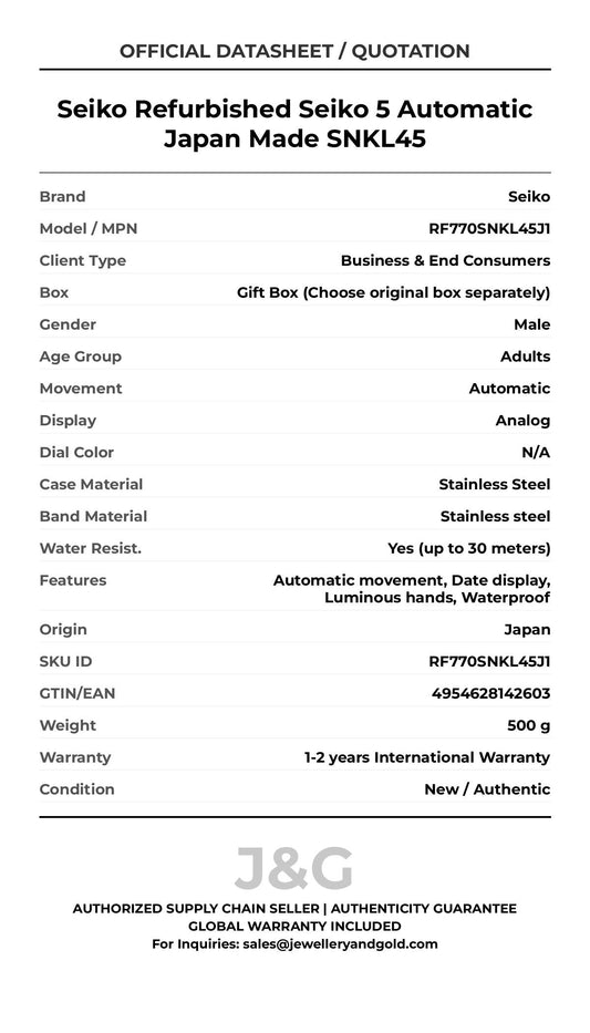 Seiko Refurbished Seiko 5 Automatic Japan Made SNKL45. A brand-new Seiko watch featuring a N/A dial and a Stainless steel strap. Side view. - MAIN_PH