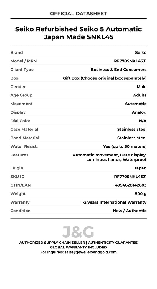 Seiko Refurbished Seiko 5 Automatic Japan Made SNKL45. A brand-new Seiko watch featuring a N/A dial and a Stainless steel strap. Front view. - MAIN_PH