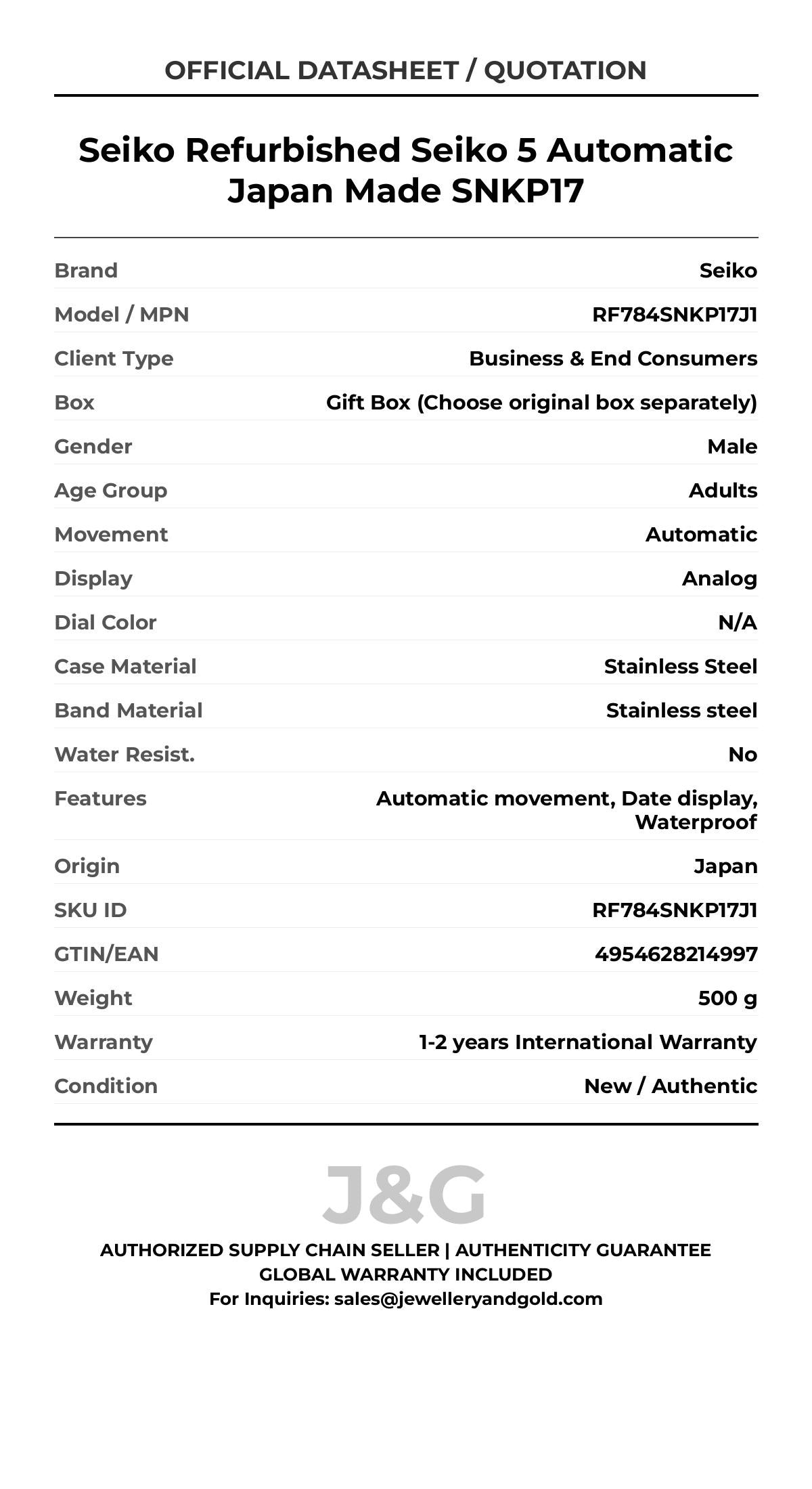 Seiko Refurbished Seiko 5 Automatic Japan Made SNKP17. A brand-new Seiko watch featuring a N/A dial and a Stainless steel strap. Angled view. - MAIN_PH