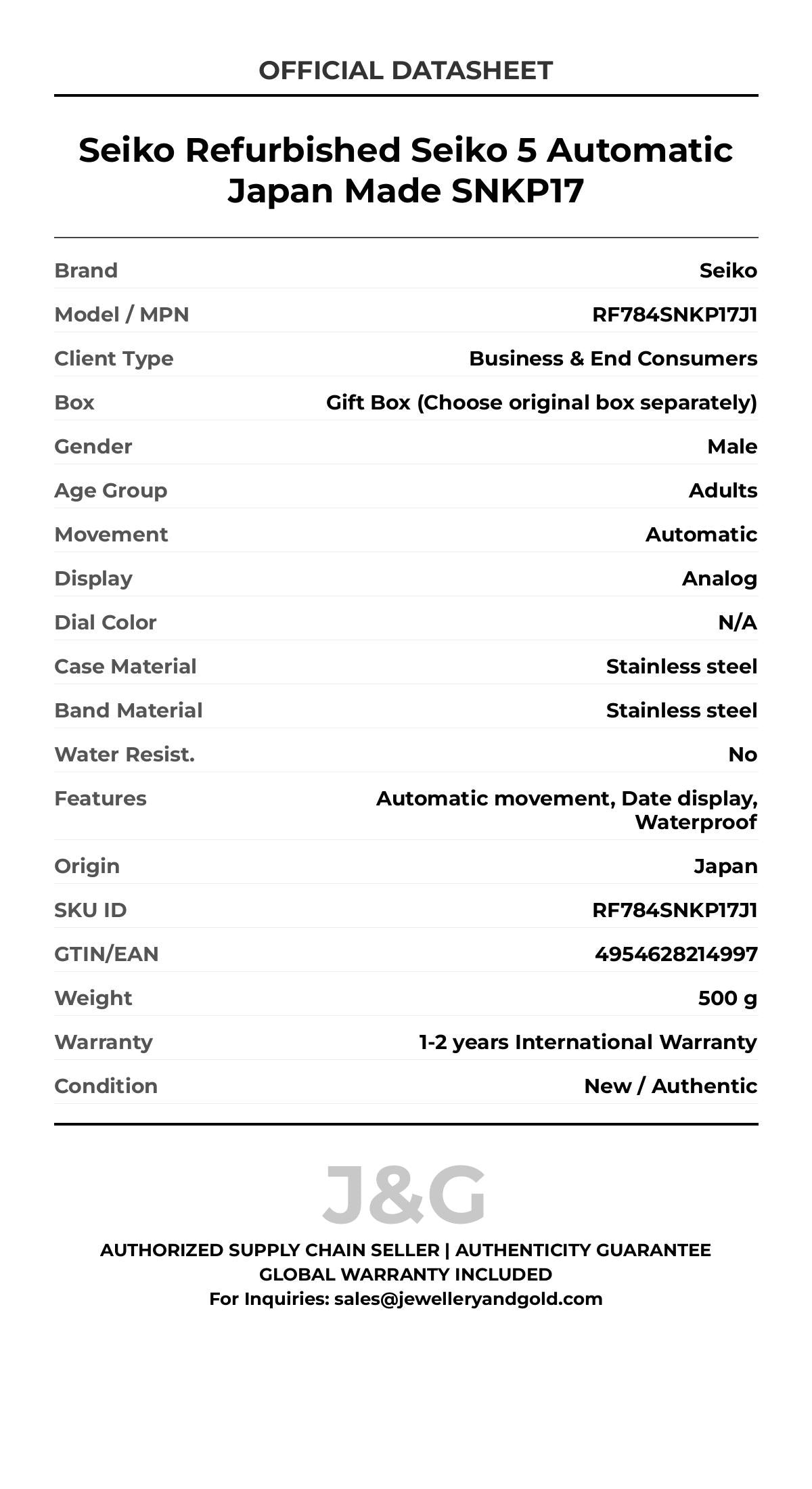 Seiko Refurbished Seiko 5 Automatic Japan Made SNKP17. A brand-new Seiko watch featuring a N/A dial and a Stainless steel strap. Side view. - MAIN_PH