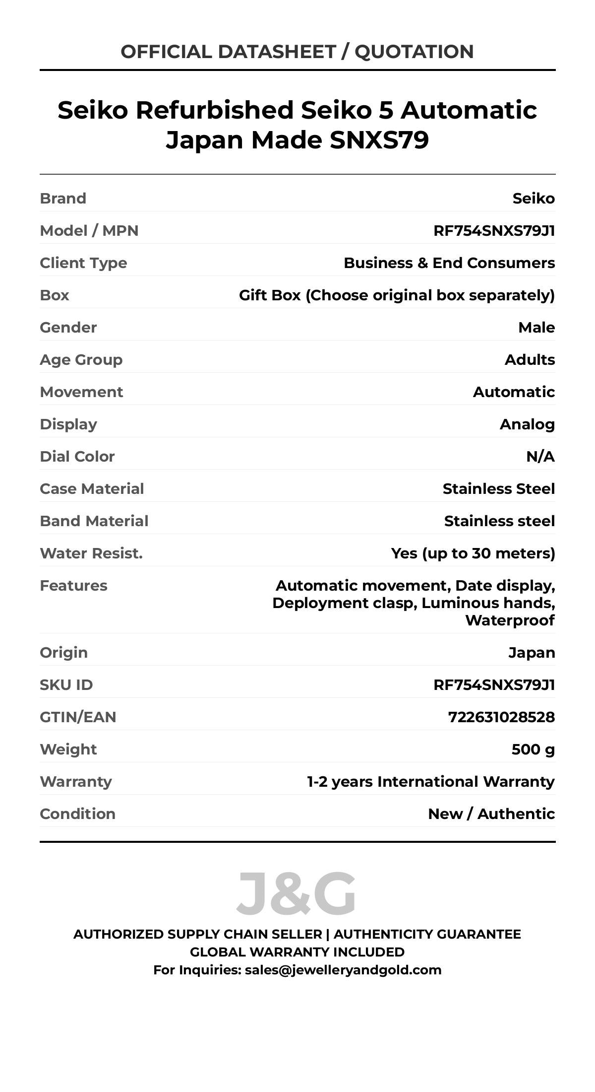 Seiko Refurbished Seiko 5 Automatic Japan Made SNXS79. A brand-new Seiko watch featuring a N/A dial and a Stainless steel strap. Side view. - MAIN_PH