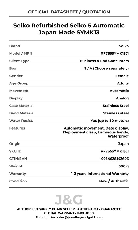 Seiko Refurbished Seiko 5 Automatic Japan Made SYMK13. A brand-new Seiko watch featuring a Stainless steel strap. Front view. - MAIN_PH