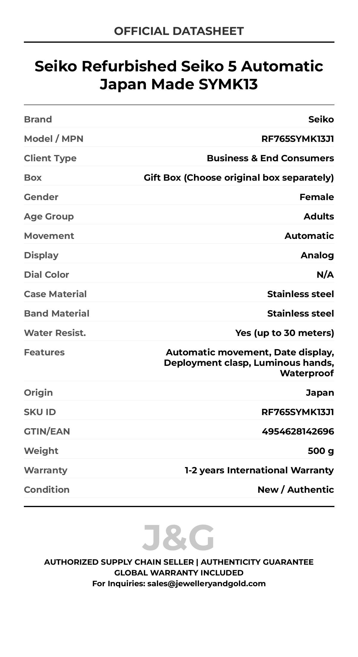 Seiko Refurbished Seiko 5 Automatic Japan Made SYMK13. A brand-new Seiko watch featuring a N/A dial and a Stainless steel strap. Angled view. - MAIN_PH