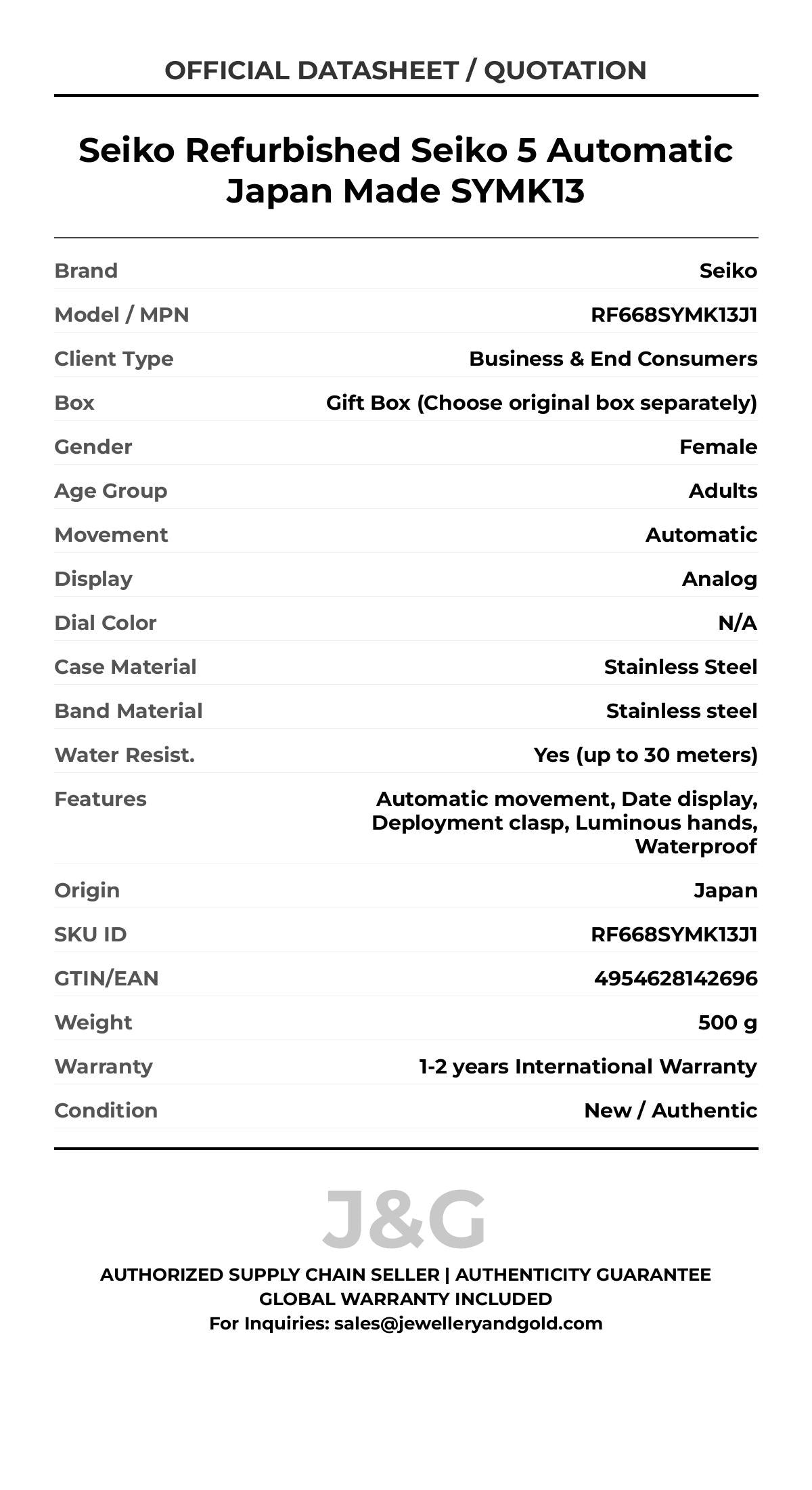 Seiko Refurbished Seiko 5 Automatic Japan Made SYMK13. A brand-new Seiko watch featuring a N/A dial and a Stainless steel strap. Side view. - MAIN_PH