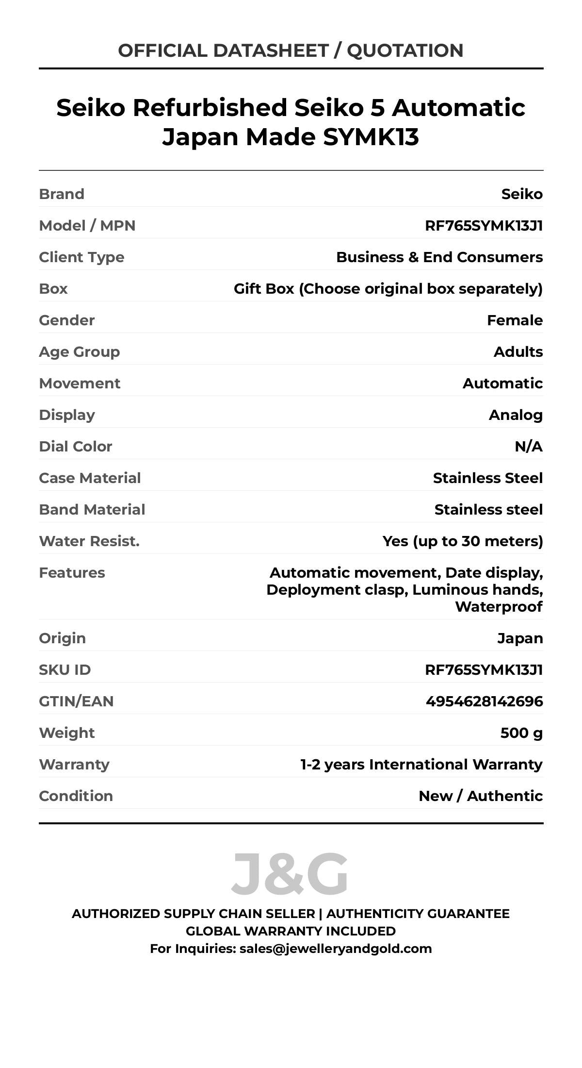 Seiko Refurbished Seiko 5 Automatic Japan Made SYMK13. A brand-new Seiko watch featuring a N/A dial and a Stainless steel strap. Side view. - MAIN_PH