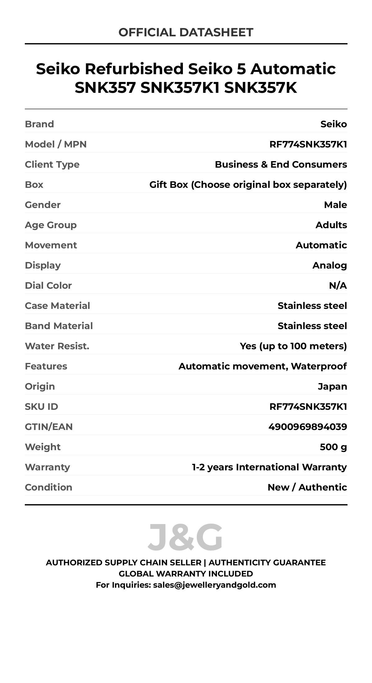 Seiko Refurbished Seiko 5 Automatic SNK357 SNK357K1 SNK357K. A brand-new Seiko watch featuring a N/A dial and a Stainless steel strap. Angled view. - MAIN_PH