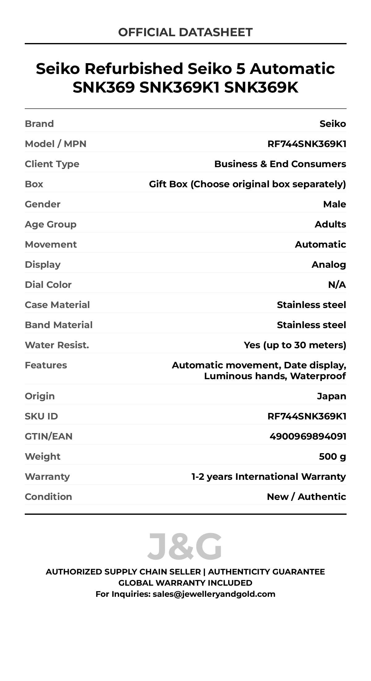 Seiko Refurbished Seiko 5 Automatic SNK369 SNK369K1 SNK369K. A brand-new Seiko watch featuring a N/A dial and a Stainless steel strap. Front view. - MAIN_PH