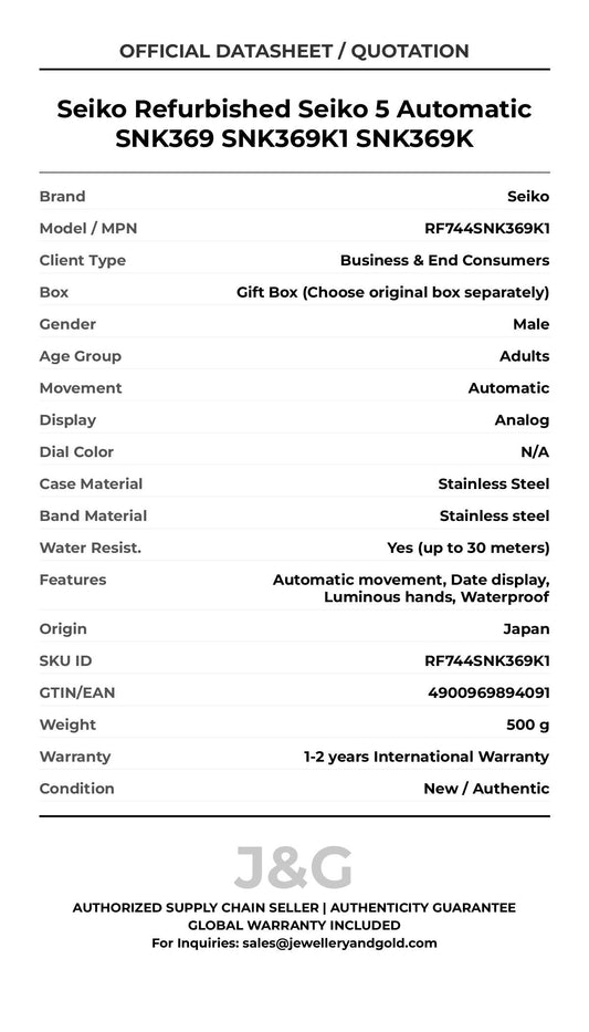 Seiko Refurbished Seiko 5 Automatic SNK369 SNK369K1 SNK369K. A brand-new Seiko watch featuring a N/A dial and a Stainless steel strap. Front view. - MAIN_PH