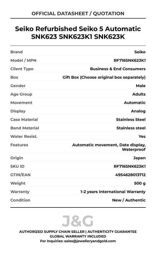 Seiko Refurbished Seiko 5 Automatic SNK623 SNK623K1 SNK623K. A brand-new Seiko watch featuring a Stainless steel strap. Front view. - MAIN_PH
