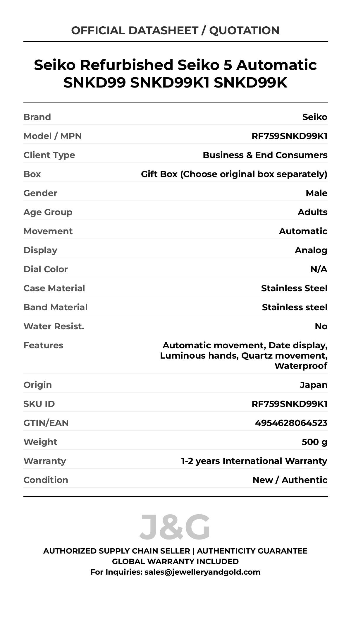 Seiko Refurbished Seiko 5 Automatic SNKD99 SNKD99K1 SNKD99K. A brand-new Seiko watch featuring a N/A dial and a Stainless steel strap. Angled view. - MAIN_PH