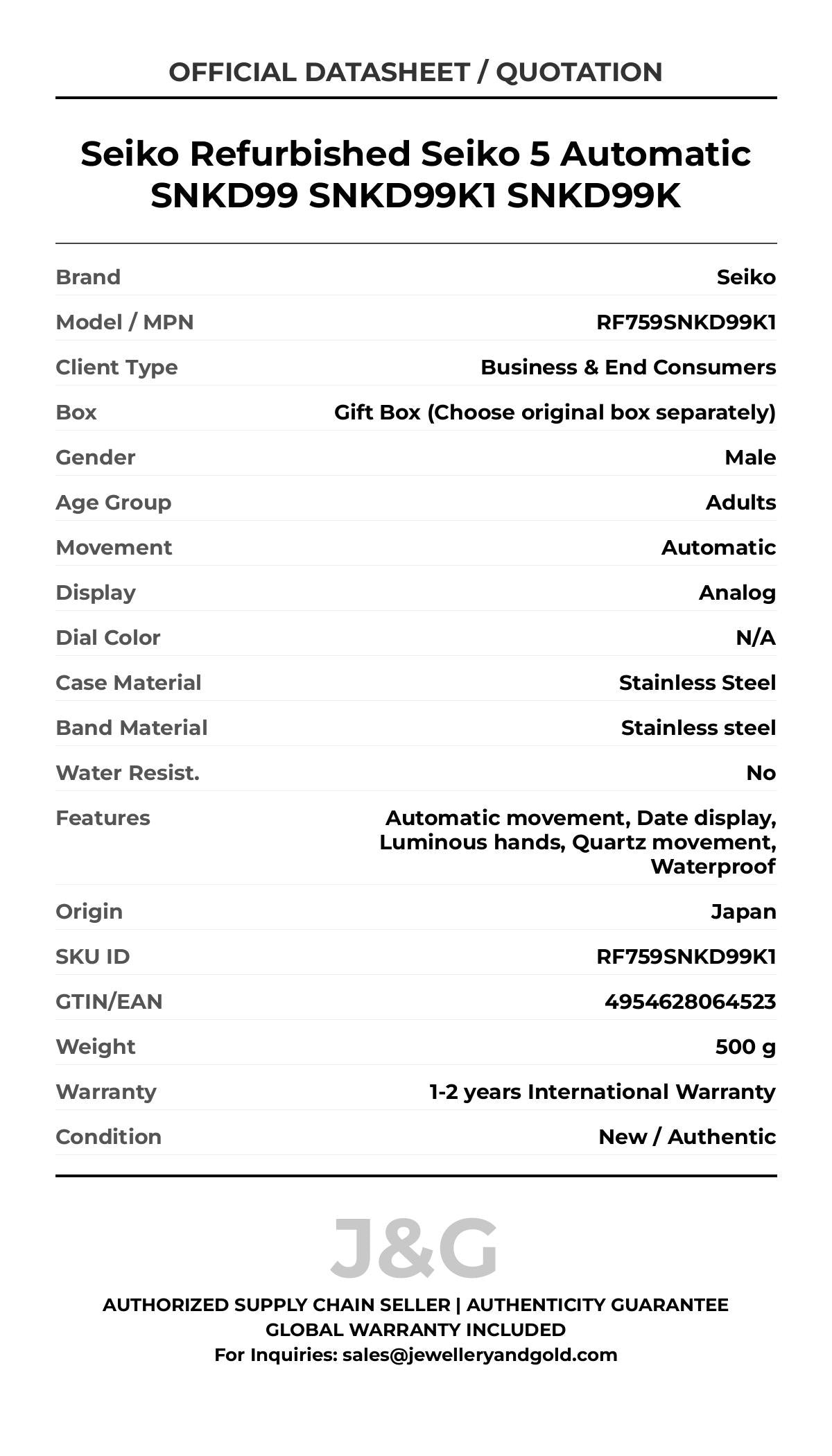 Seiko Refurbished Seiko 5 Automatic SNKD99 SNKD99K1 SNKD99K. A brand-new Seiko watch featuring a N/A dial and a Stainless steel strap. Side view. - MAIN_PH