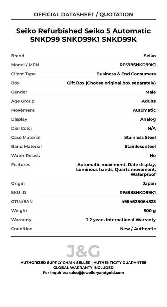 Seiko Refurbished Seiko 5 Automatic SNKD99 SNKD99K1 SNKD99K. A brand-new Seiko watch featuring a N/A dial and a Stainless steel strap. Front view. - MAIN_PH