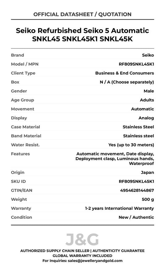 Seiko Refurbished Seiko 5 Automatic SNKL45 SNKL45K1 SNKL45K. A brand-new Seiko watch featuring a Stainless steel strap. Angled view. - MAIN_PH