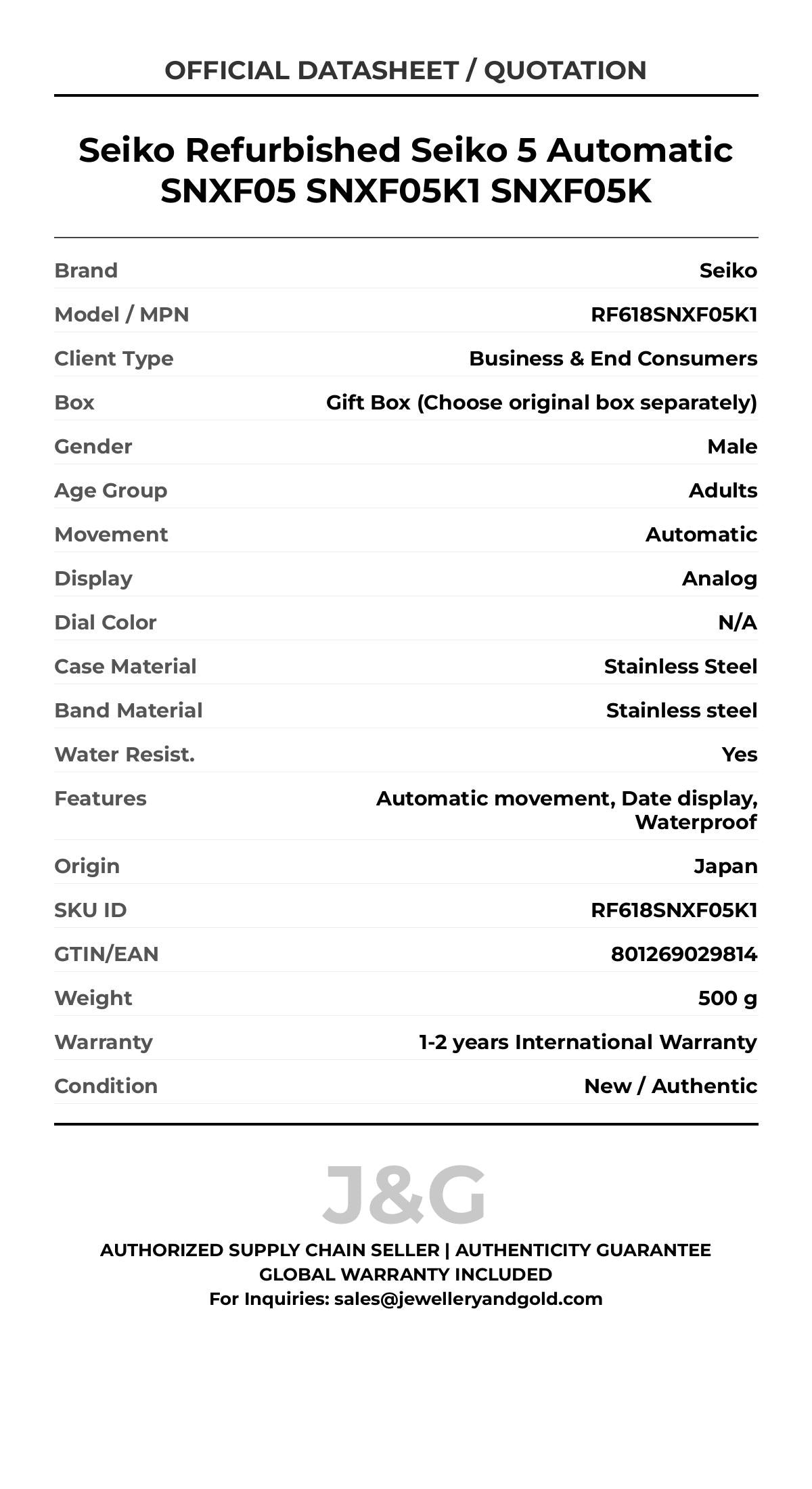 Seiko Refurbished Seiko 5 Automatic SNXF05 SNXF05K1 SNXF05K. A brand-new Seiko watch featuring a N/A dial and a Stainless steel strap. Side view. - MAIN_PH