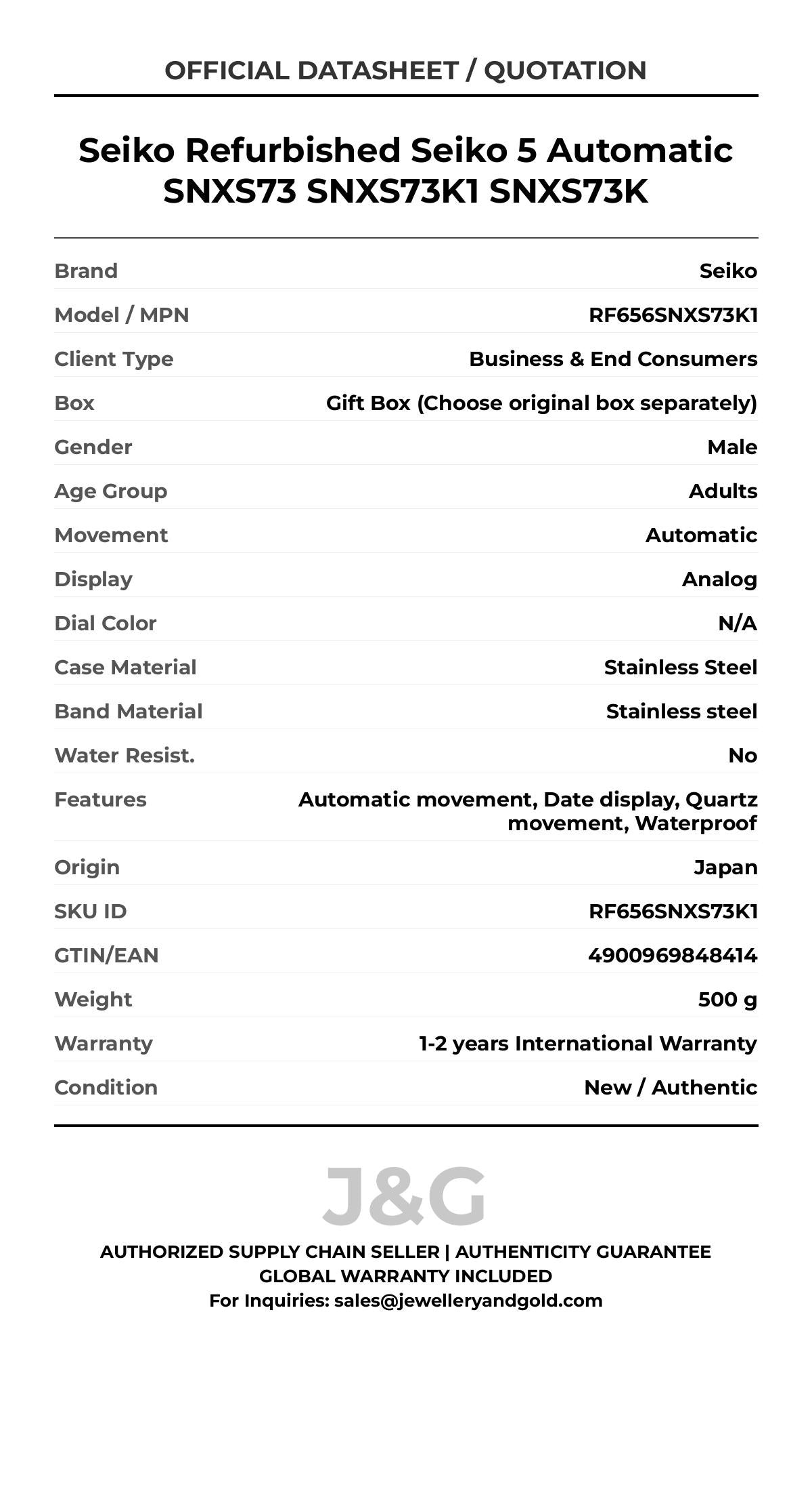 Seiko Refurbished Seiko 5 Automatic SNXS73 SNXS73K1 SNXS73K. A brand-new Seiko watch featuring a N/A dial and a Stainless steel strap. Front view. - MAIN_PH