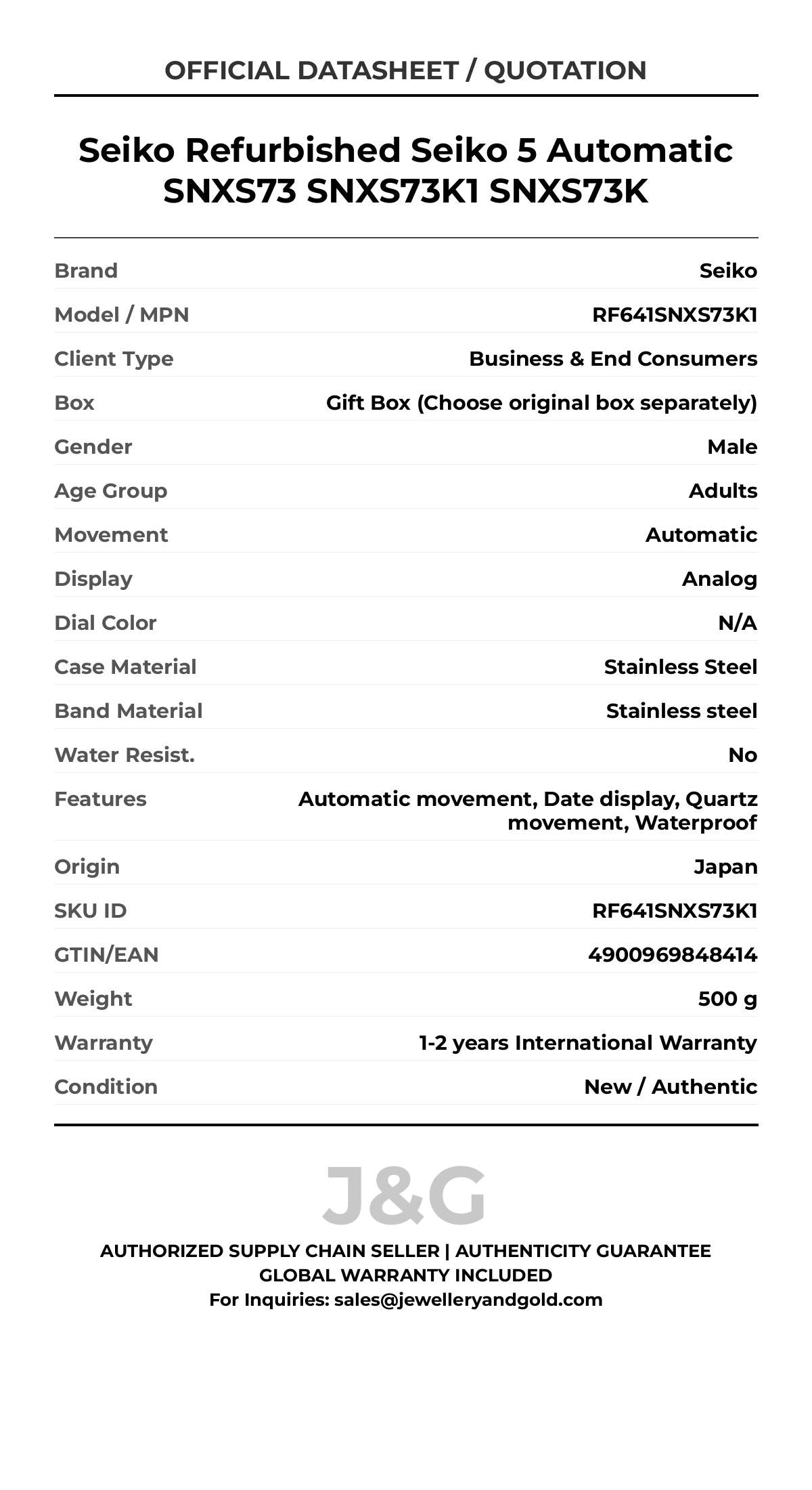 Seiko Refurbished Seiko 5 Automatic SNXS73 SNXS73K1 SNXS73K. A brand-new Seiko watch featuring a N/A dial and a Stainless steel strap. Front view. - MAIN_PH