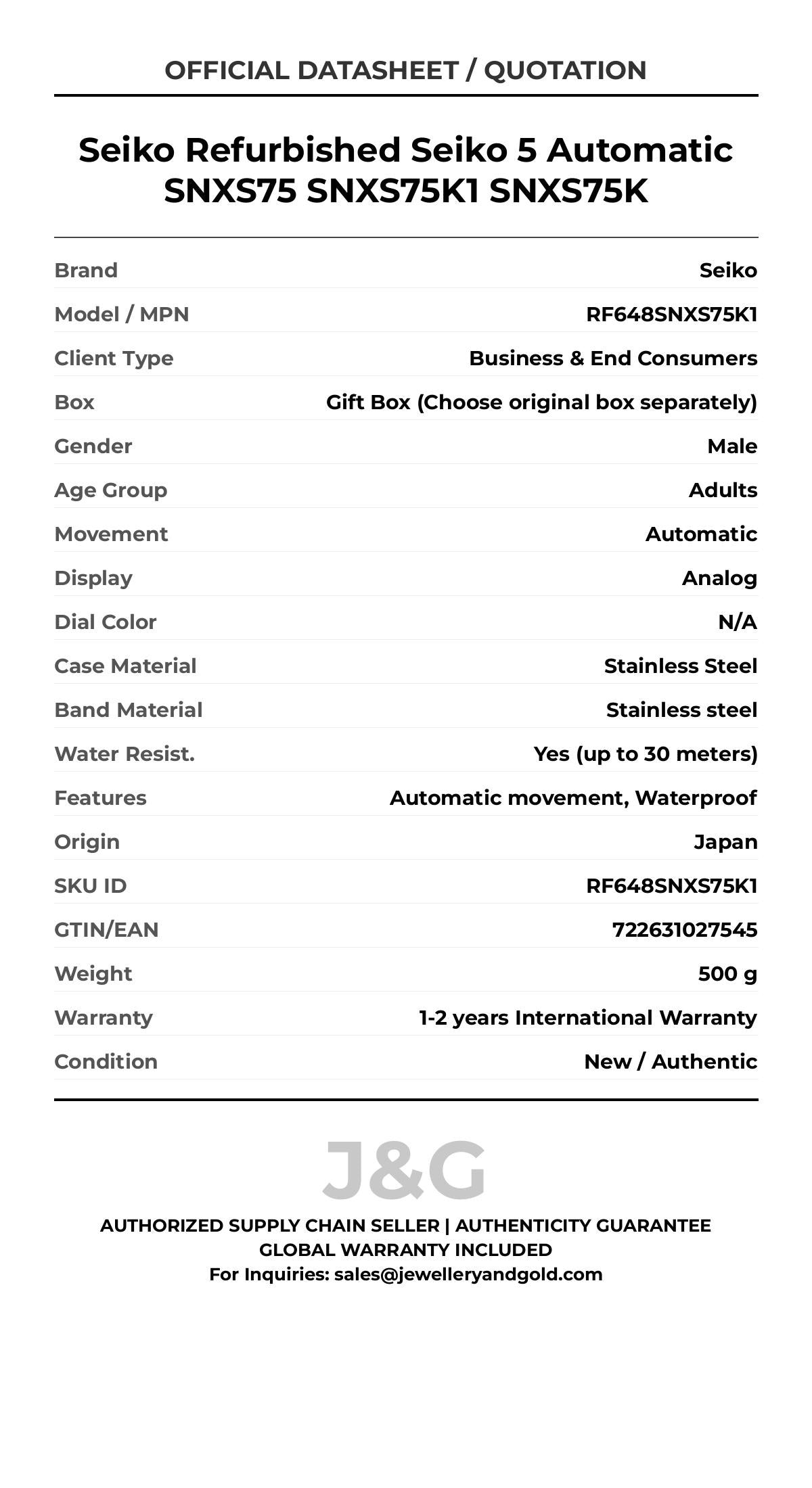 Seiko Refurbished Seiko 5 Automatic SNXS75 SNXS75K1 SNXS75K. A brand-new Seiko watch featuring a N/A dial and a Stainless steel strap. Front view. - MAIN_PH
