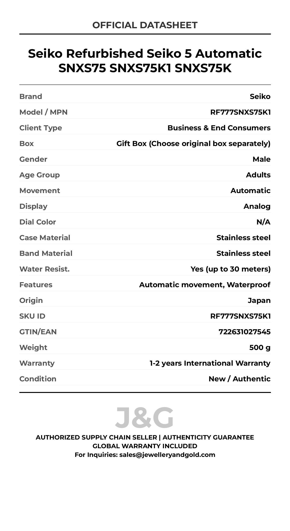 Seiko Refurbished Seiko 5 Automatic SNXS75 SNXS75K1 SNXS75K. A brand-new Seiko watch featuring a N/A dial and a Stainless steel strap. Side view. - MAIN_PH