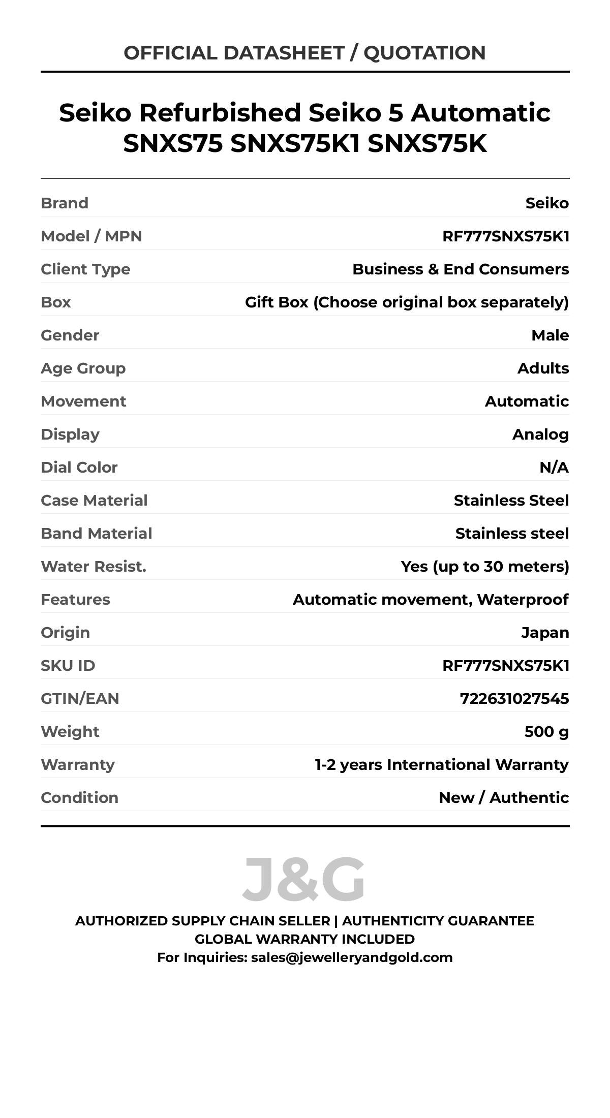 Seiko Refurbished Seiko 5 Automatic SNXS75 SNXS75K1 SNXS75K. A brand-new Seiko watch featuring a N/A dial and a Stainless steel strap. Angled view. - MAIN_PH