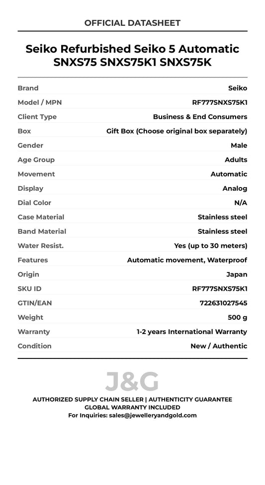 Seiko Refurbished Seiko 5 Automatic SNXS75 SNXS75K1 SNXS75K. A brand-new Seiko watch featuring a N/A dial and a Stainless steel strap. Angled view. - MAIN_PH