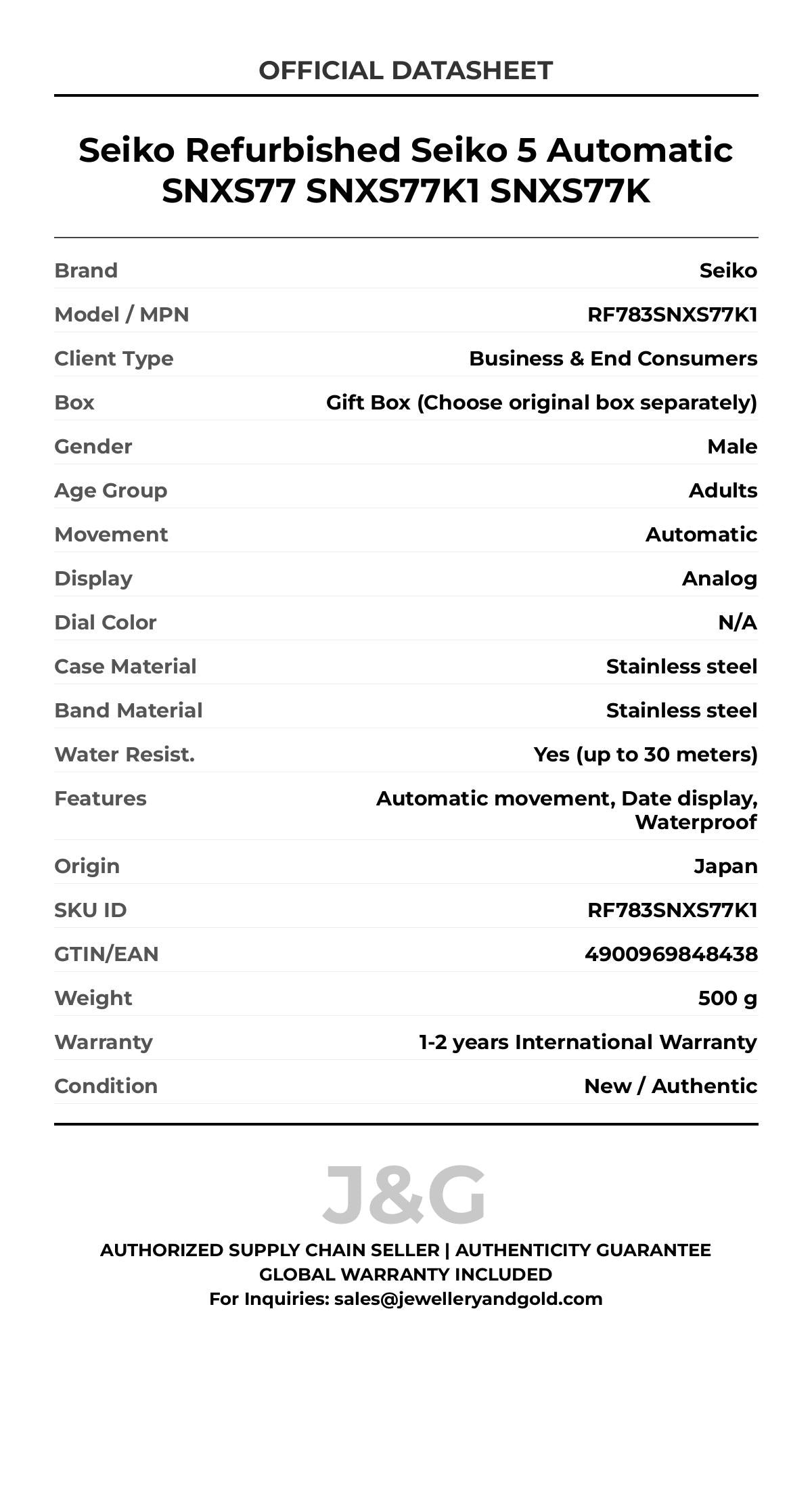 Seiko Refurbished Seiko 5 Automatic SNXS77 SNXS77K1 SNXS77K. A brand-new Seiko watch featuring a N/A dial and a Stainless steel strap. Angled view. - MAIN_PH