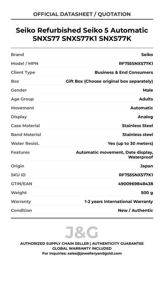 Seiko Refurbished Seiko 5 Automatic SNXS77 SNXS77K1 SNXS77K. A brand-new Seiko watch featuring a Stainless steel strap. Angled view. - MAIN_PH