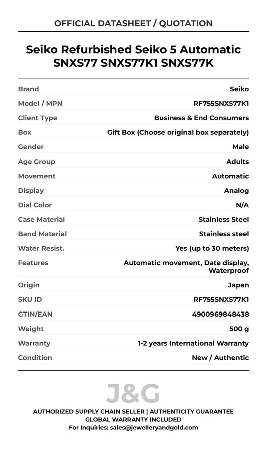 Seiko Refurbished Seiko 5 Automatic SNXS77 SNXS77K1 SNXS77K. A brand-new Seiko watch featuring a N/A dial and a Stainless steel strap. Side view. - MAIN_PH