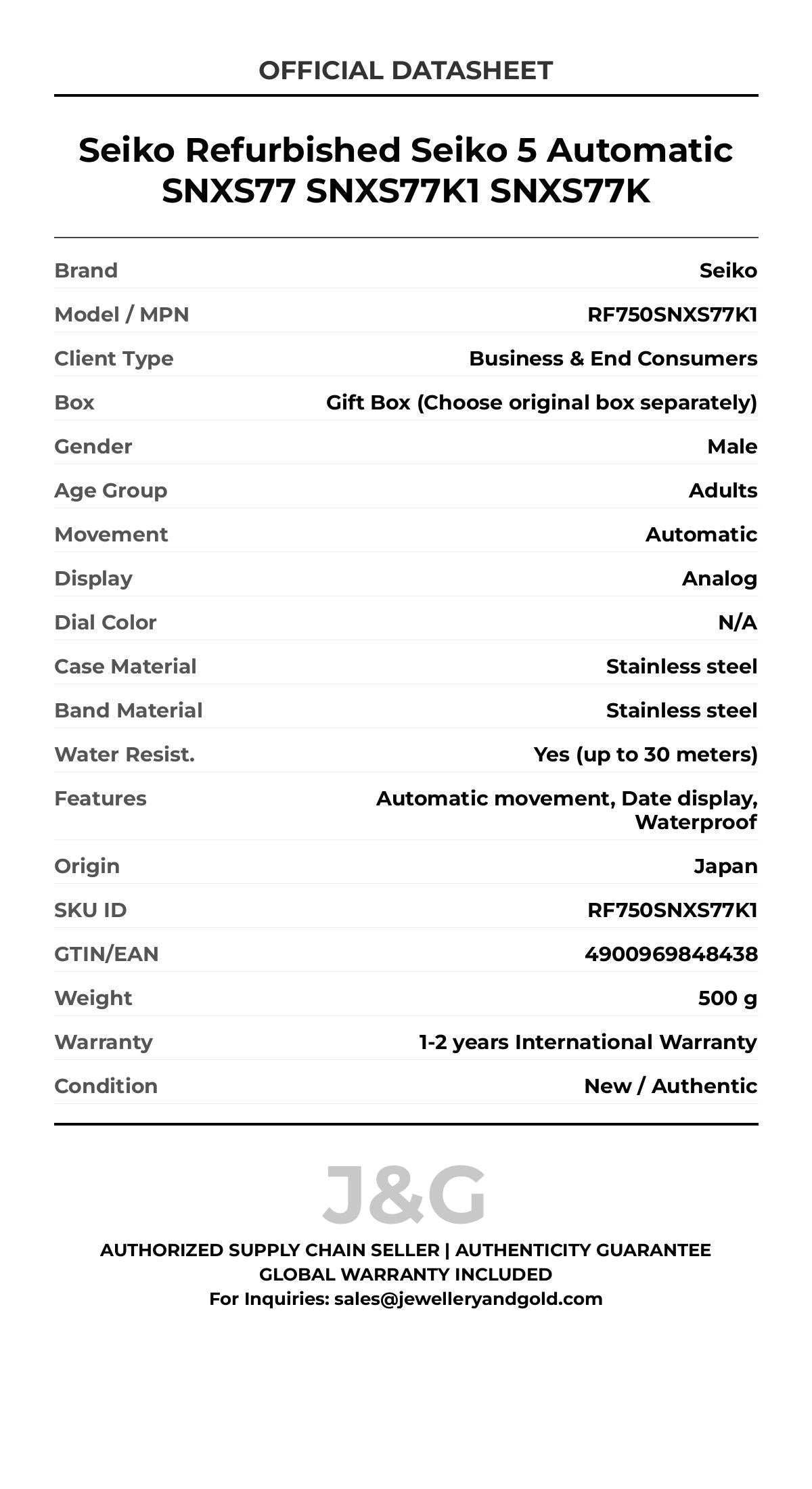 Seiko Refurbished Seiko 5 Automatic SNXS77 SNXS77K1 SNXS77K. A brand-new Seiko watch featuring a N/A dial and a Stainless steel strap. Front view. - MAIN_PH