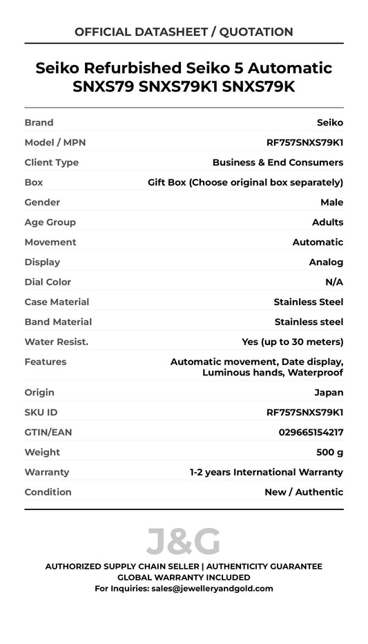 Seiko Refurbished Seiko 5 Automatic SNXS79 SNXS79K1 SNXS79K. A brand-new Seiko watch featuring a N/A dial and a Stainless steel strap. Front view. - MAIN_PH