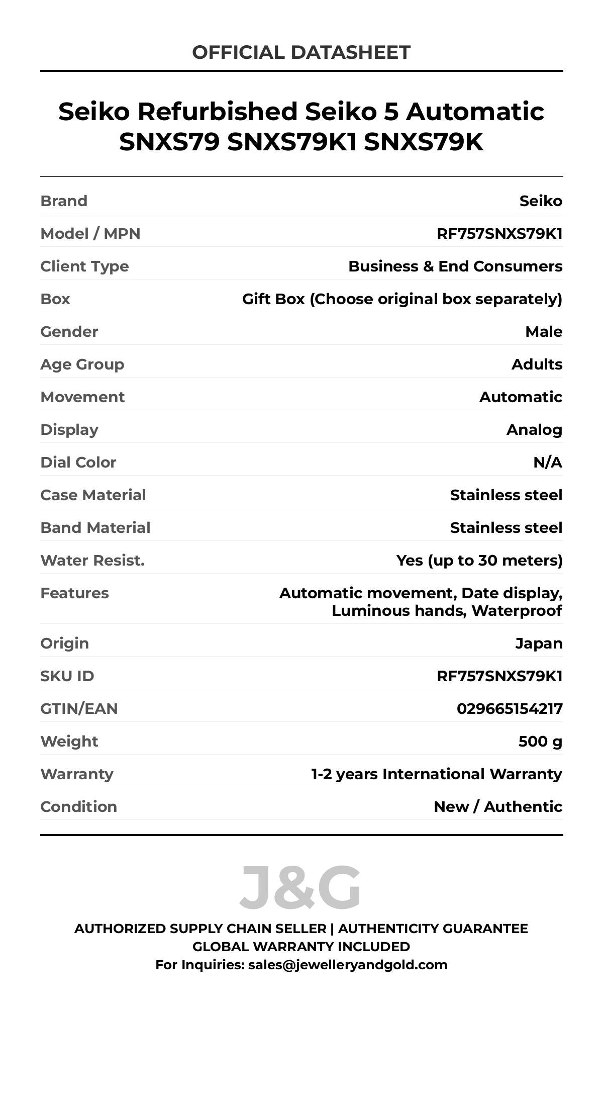 Seiko Refurbished Seiko 5 Automatic SNXS79 SNXS79K1 SNXS79K. A brand-new Seiko watch featuring a N/A dial and a Stainless steel strap. Angled view. - MAIN_PH
