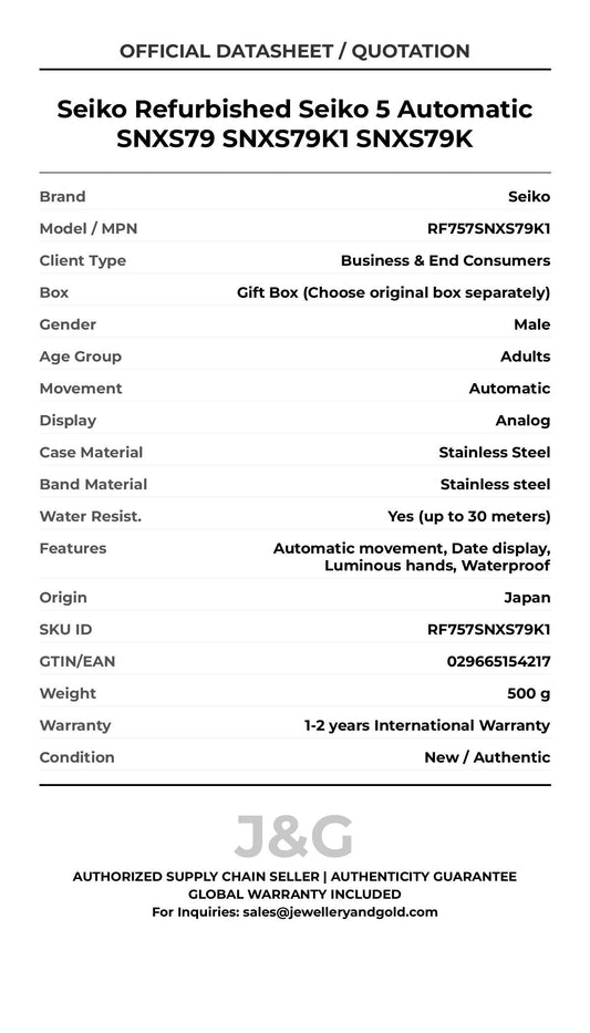 Seiko Refurbished Seiko 5 Automatic SNXS79 SNXS79K1 SNXS79K. A brand-new Seiko watch featuring a Stainless steel strap. Side view. - MAIN_PH