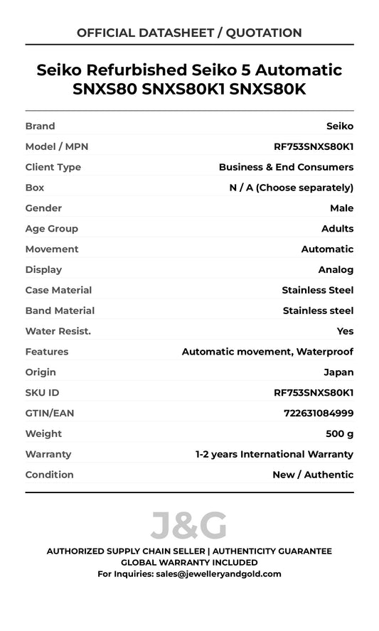 Seiko Refurbished Seiko 5 Automatic SNXS80 SNXS80K1 SNXS80K. A brand-new Seiko watch featuring a Stainless steel strap. Angled view. - MAIN_PH