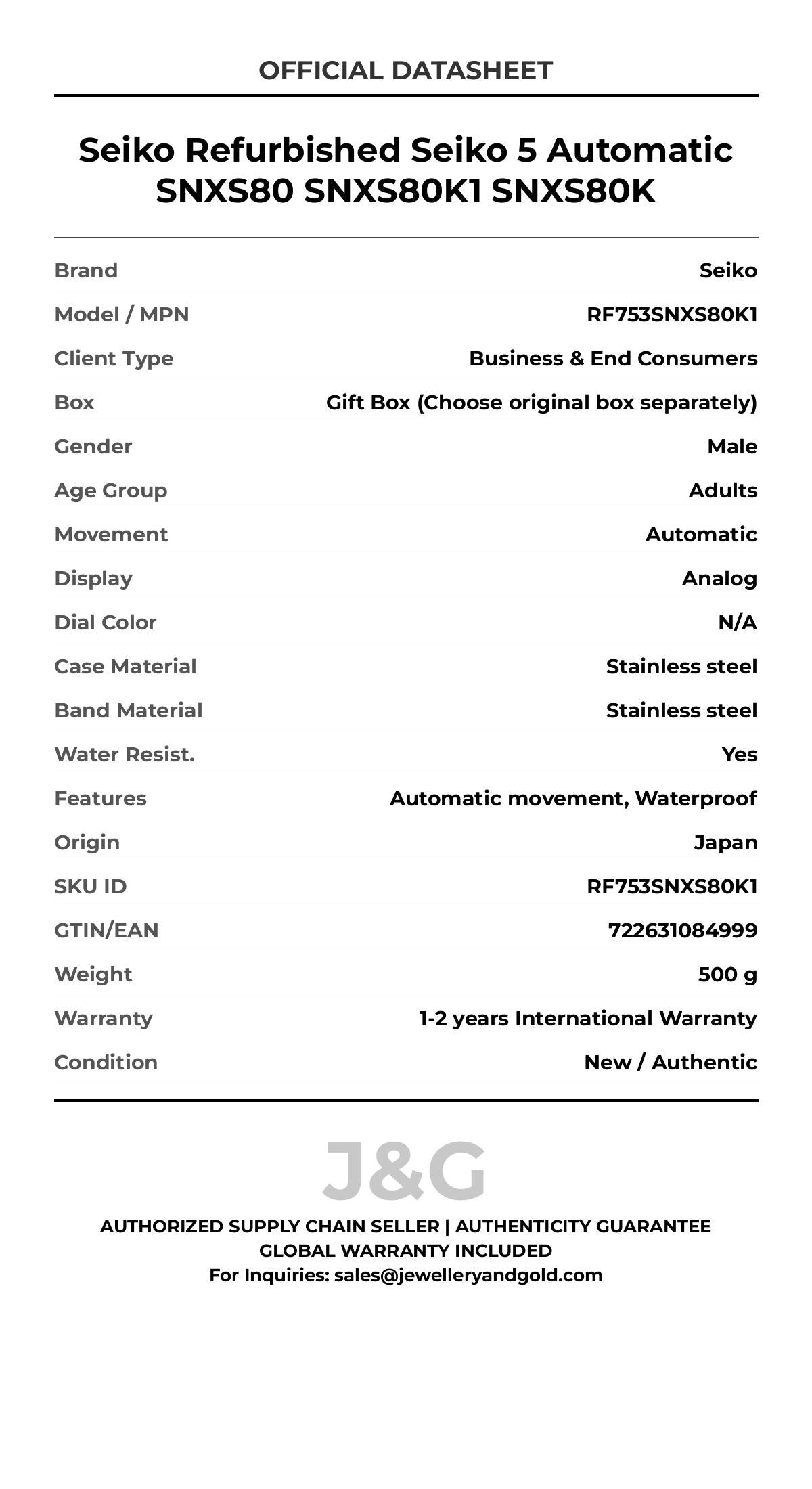 Seiko Refurbished Seiko 5 Automatic SNXS80 SNXS80K1 SNXS80K. A brand-new Seiko watch featuring a N/A dial and a Stainless steel strap. Side view. - MAIN_PH