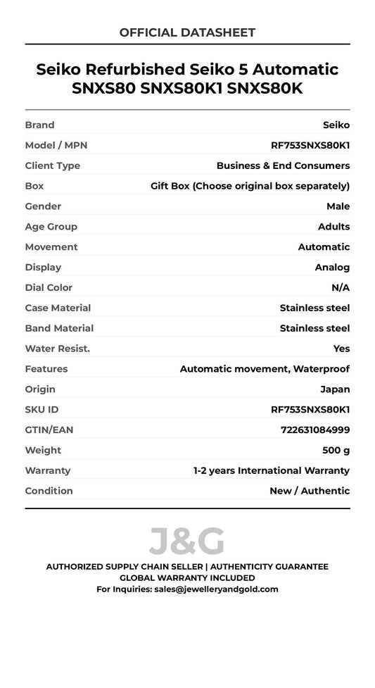 Seiko Refurbished Seiko 5 Automatic SNXS80 SNXS80K1 SNXS80K. A brand-new Seiko watch featuring a N/A dial and a Stainless steel strap. Side view. - MAIN_PH