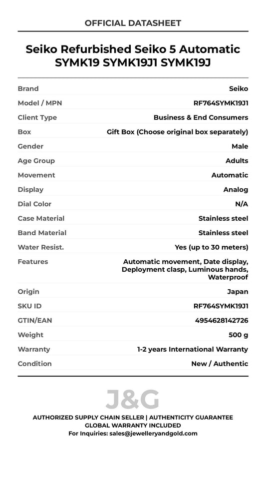 Seiko Refurbished Seiko 5 Automatic SYMK19 SYMK19J1 SYMK19J. A brand-new Seiko watch featuring a N/A dial and a Stainless steel strap. Front view. - MAIN_PH