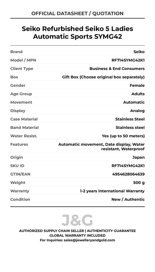 Seiko Refurbished Seiko 5 Ladies Automatic Sports SYMG42. A brand-new Seiko watch featuring a Stainless steel strap. Front view. - MAIN_PH