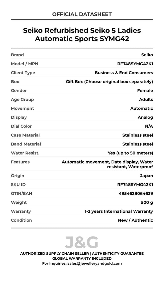Seiko Refurbished Seiko 5 Ladies Automatic Sports SYMG42. A brand-new Seiko watch featuring a N/A dial and a Stainless steel strap. Angled view. - MAIN_PH