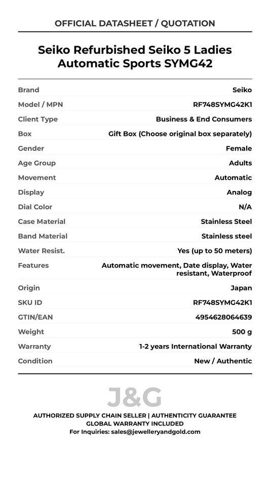Seiko Refurbished Seiko 5 Ladies Automatic Sports SYMG42. A brand-new Seiko watch featuring a N/A dial and a Stainless steel strap. Side view. - MAIN_PH
