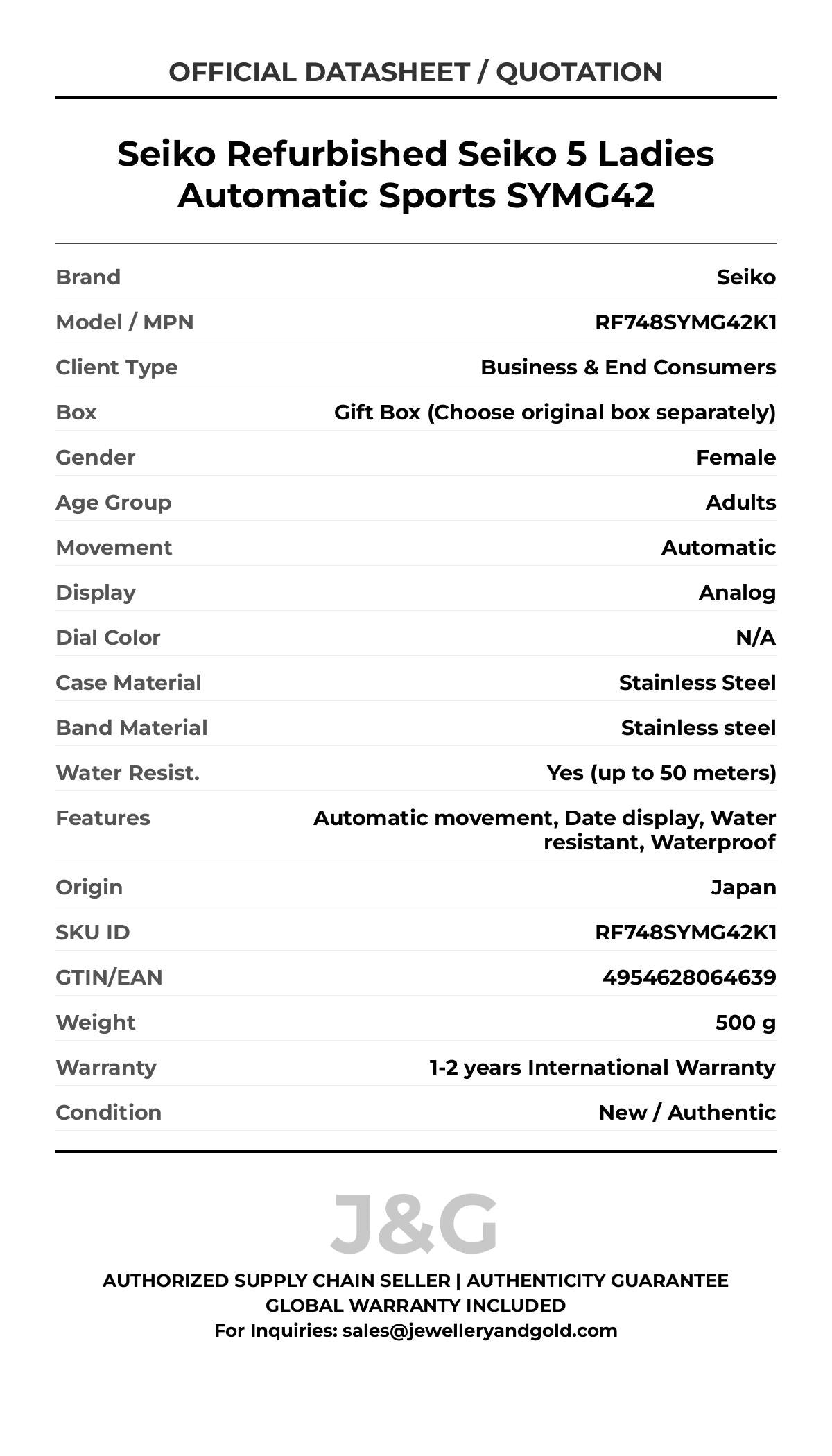 Seiko Refurbished Seiko 5 Ladies Automatic Sports SYMG42. A brand-new Seiko watch featuring a N/A dial and a Stainless steel strap. Front view. - MAIN_PH