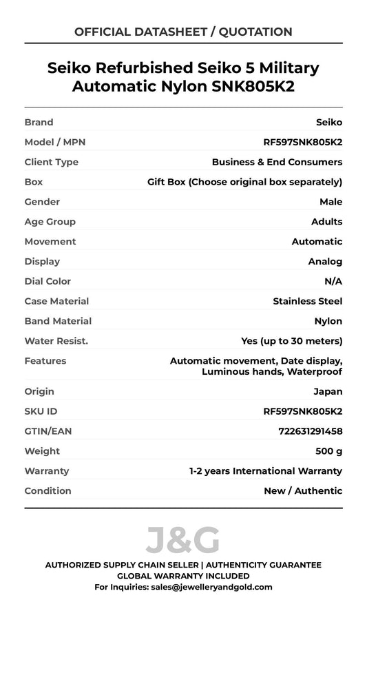 Seiko Refurbished Seiko 5 Military Automatic Nylon SNK805K2. A brand-new Seiko watch featuring a N/A dial and a Nylon strap. Side view. - MAIN_PH